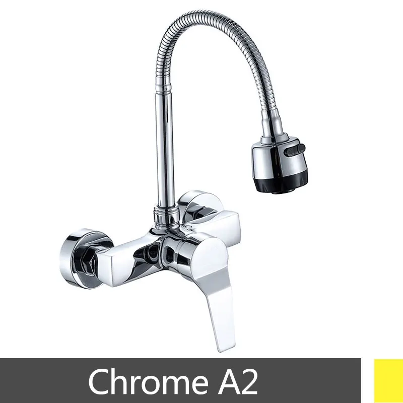 Chrome A2 Хромированный настенный смеситель для кухни с поворотом на 360 градусов и гибкой трубкой для горячей и холодной воды, настенный смеситель с двумя отверстиями, mxiers - Цвет: Chrome A2