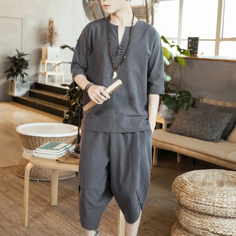 

2019 Chinese-style New Style Men Three-quarter-length Sleeve Cotton Linen Set Loose-Fit Frog Capri Pants Solid Color Flax Set Fa