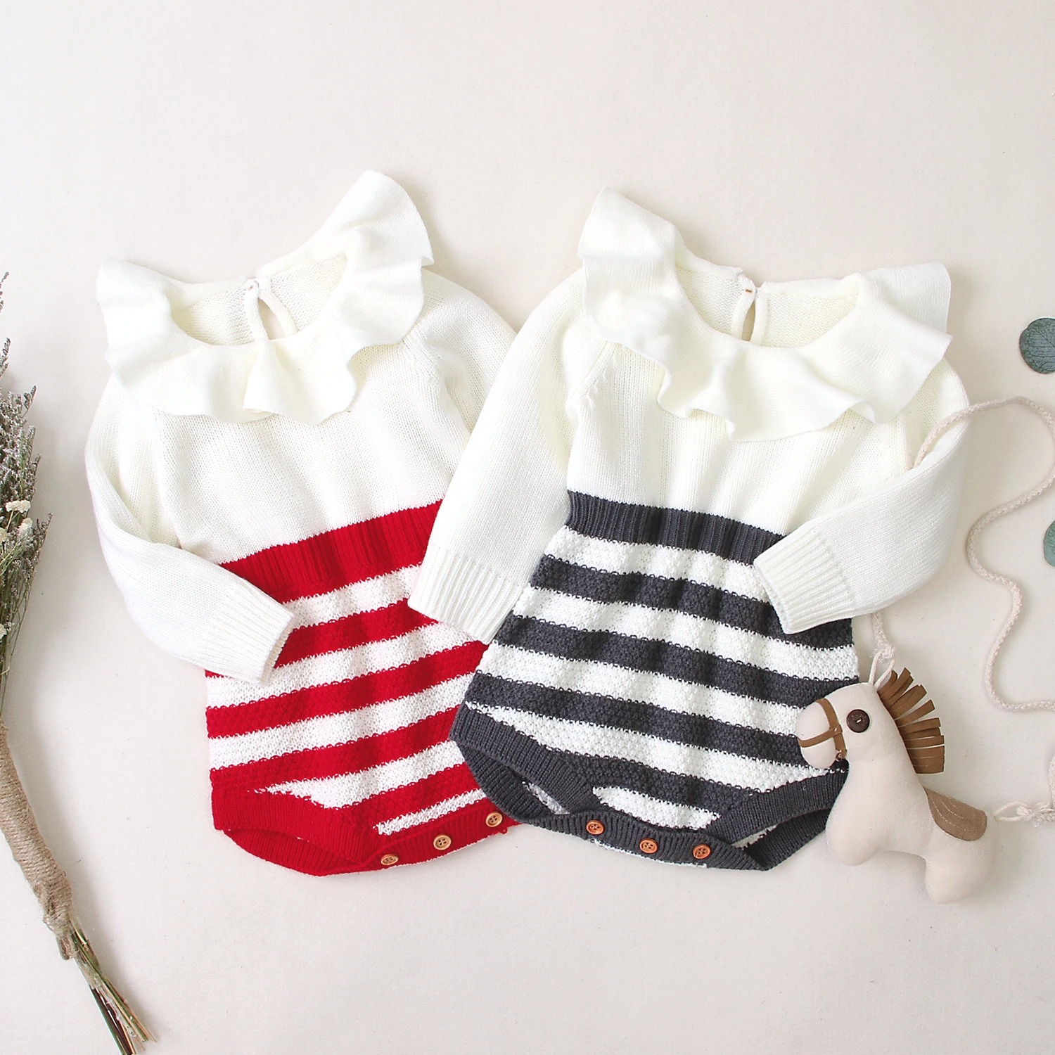 

0-18M Cute Infant Kids Baby Girls Sweater Rompers Knit Long Sleeve Striped Patchwork Peter Pan Collar Jumpsuits