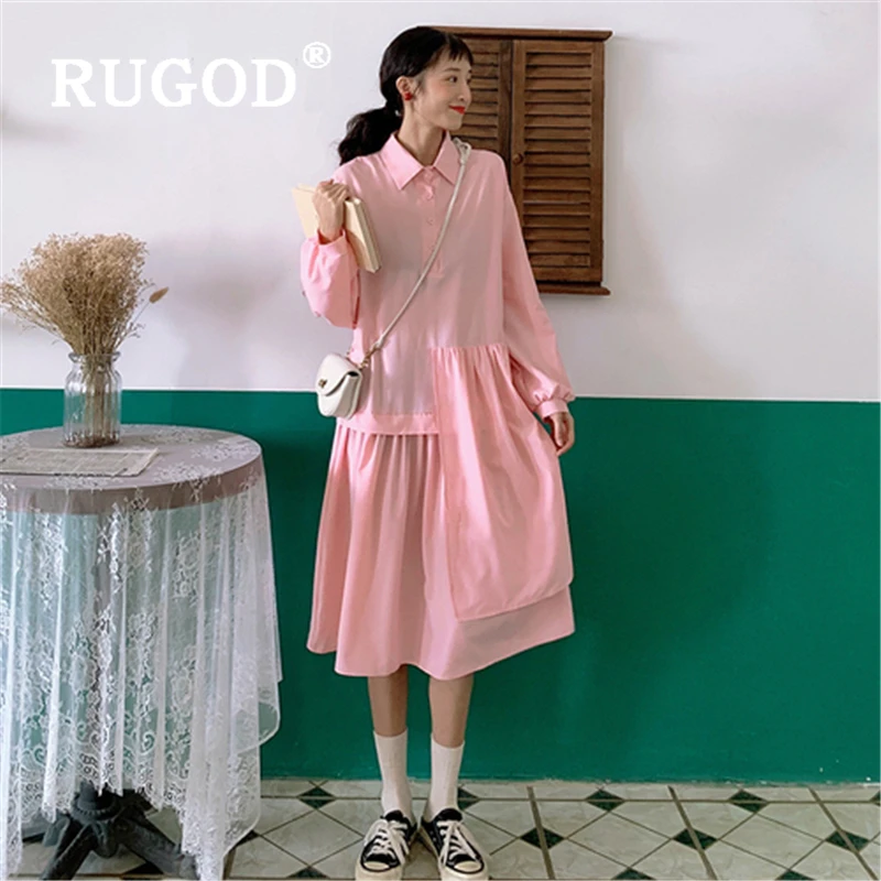 

RUGOD Korean chic long dress women Elegant lantern sleeve turn-down collar auturm dresses vestidos Fashion irregular pink dress