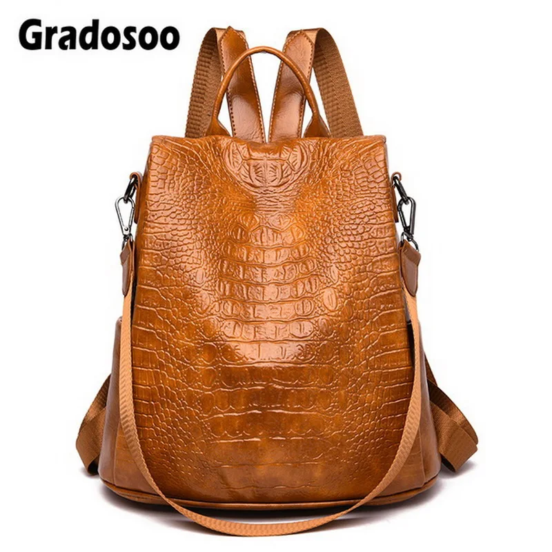 

Gradosoo Alligator Anti-theft Backpack Women Large Multifuntion Backpack PU Leather School bags For Women New Travel Bags LBF661
