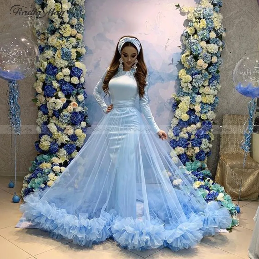 Arabisch Light Blue Mermaid Moslim Avondjurk met Afneembare Rok Lange Mouwen Overksirt Prom Jurken Dubai Formele Party Gown Arabisch Light Blue Mermaid Moslim Avondjurk met Afneembare Rok Lange Mouwen Overksirt Prom Jurken Dubai Formele Party Gown