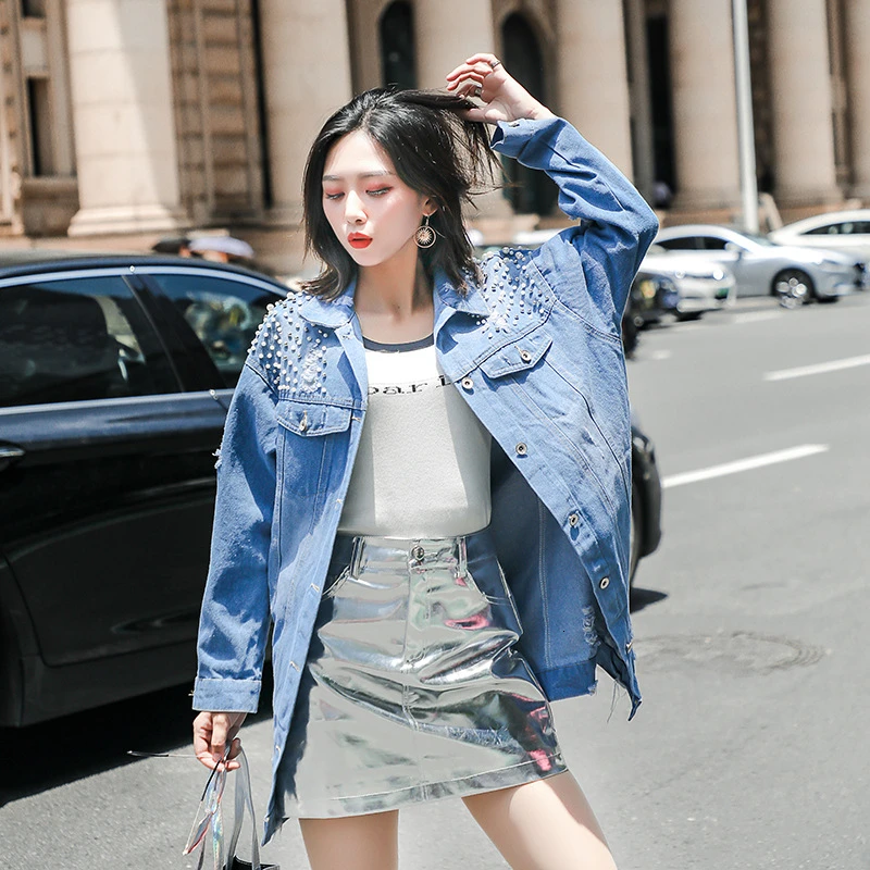 Best  YOCALOR Fashion Loose Beading Hole Washed Denim Jeans Jacket Women Chaqueta Mujer Streetwear Autumn