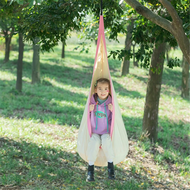 Kids Pod Swing Seat 100% Cotton Hammock Chair Portable Decor Home Space Saving  Indoor Outdoor Use with PVC Inflatable Cushion SH-HS01-Beige