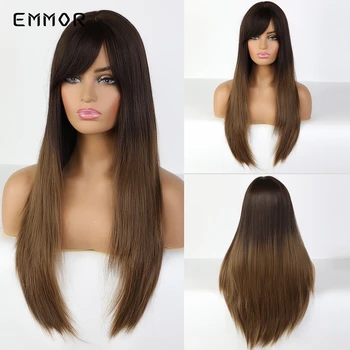 

EMMOR Long Straight Ombre Medium Brown with Black Root Synthetic Hair Wigs for White Black Women Daily Heat Resistant Fibre Wig