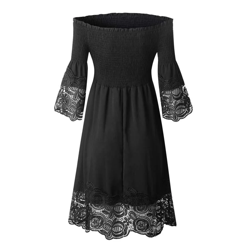 White Black A Line Off Shoulder Midi Backless Lace Dress - Dresses - Uniqistic.com
