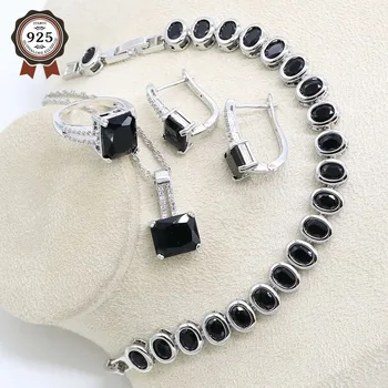 

Classic Silver Color Wedding Jewelry Set for Women Black Rectangle Zirconia with Bracelet Hoop Earring Necklace Pendant Ring