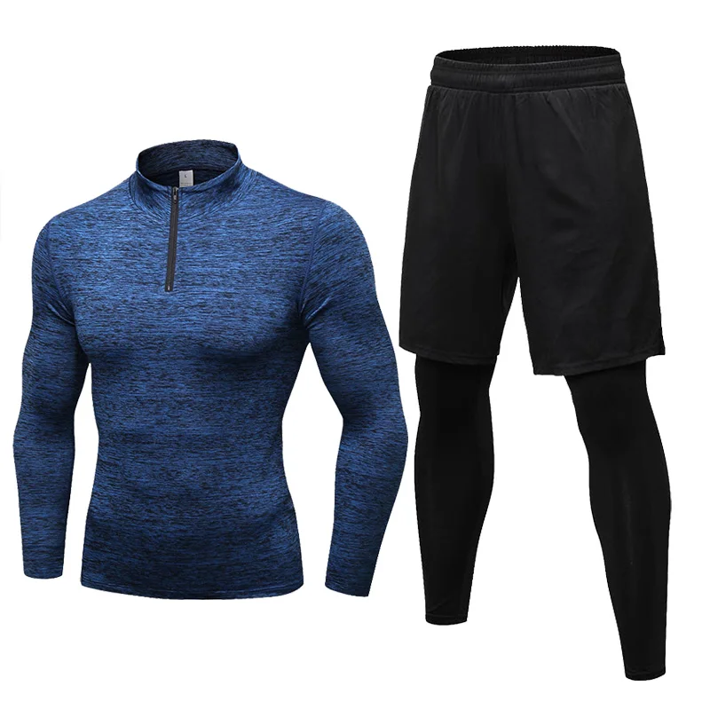 Новое поступление, мужские комплекты для бега, зимние спортивные топы+ леггинсы для спортзала, компрессионные колготки, спортивный костюм, спортивная одежда для бега, осенний мужской комплект - Цвет: Blue-black pant