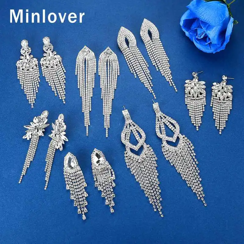 Minlover Роскошные преувеличенные блестящие стразы кисточкой Висячие серьги для