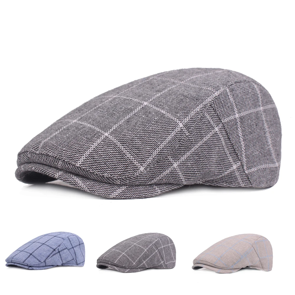 Fashion Summer Sun Hats For Men Women Casual Plaid Cotton Beret Caps Gorras Planas Boinas Check Flat Cap Adjustable Male Berets male beret cap