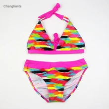 Новая модель, комплект бикини для девочек от 2 до 8 лет, купальник из двух частей, разноцветный узор, детский стропы, одежда для плавания детский летний купальный костюм, Детский костюм