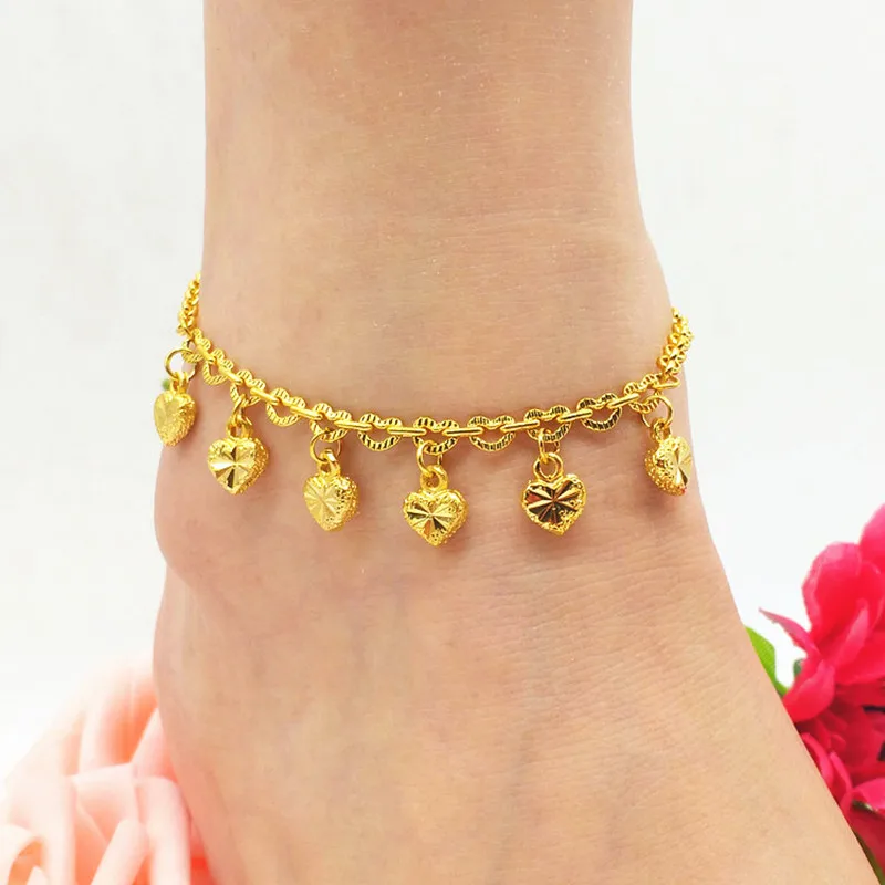 

New Lucky Bracelet on the leg Yellow Gold Filled Heart Bell Woman Anklets Lovely Fish Jewelry Gift