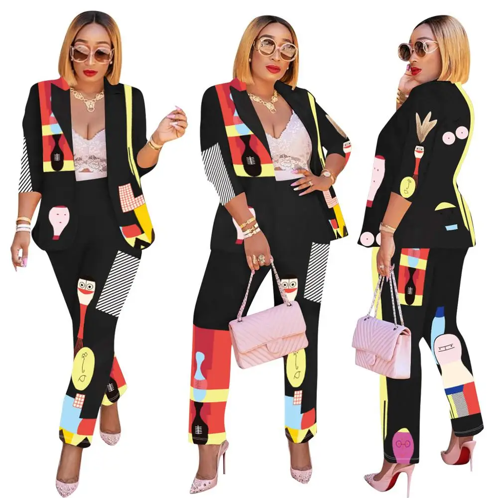 New Random Pattern Printed Women Two Pieces Suits Autum Latest Fashion Lady Long Sleeves Blazer Coat and Pants Party Outfits