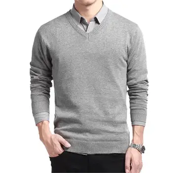 

OLOEY New 2018 Autumn 100% Cotton Casual V-Neck Pullovers Slim Fit Long Sleeve Knittwear Mens Sweaters Brand Clothes