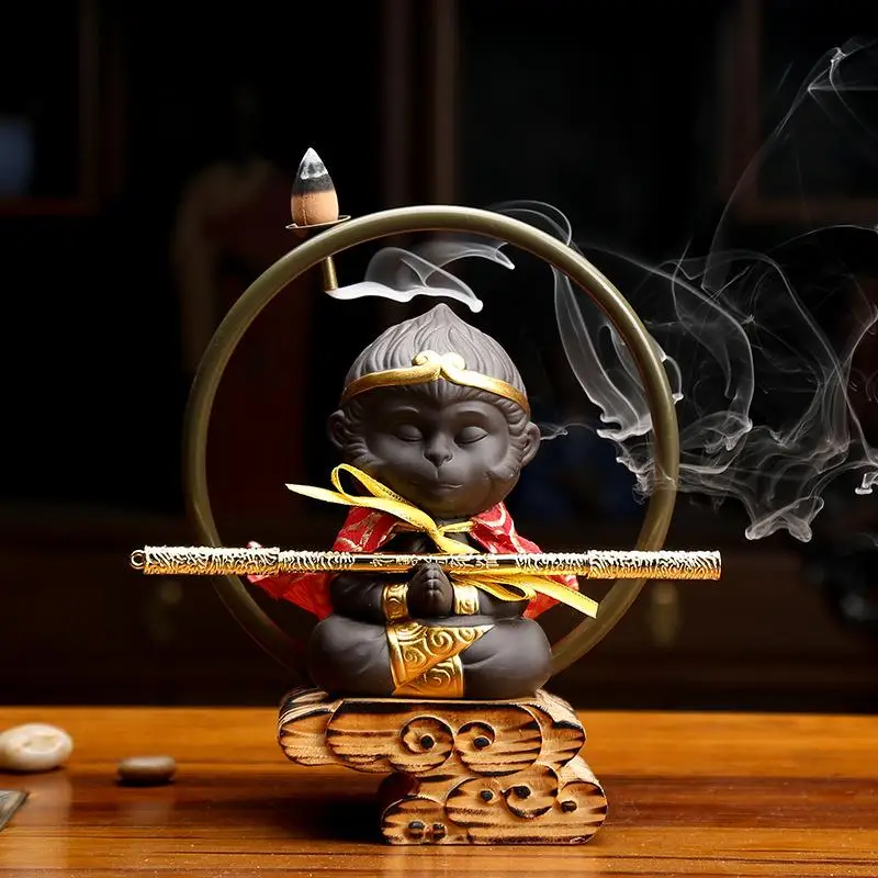 Chinese Monkey King Backflow Incense Burner Ceramic Aromatherapy Furnace Home Office Incense Craft Buddha Censer Aromatic Holder