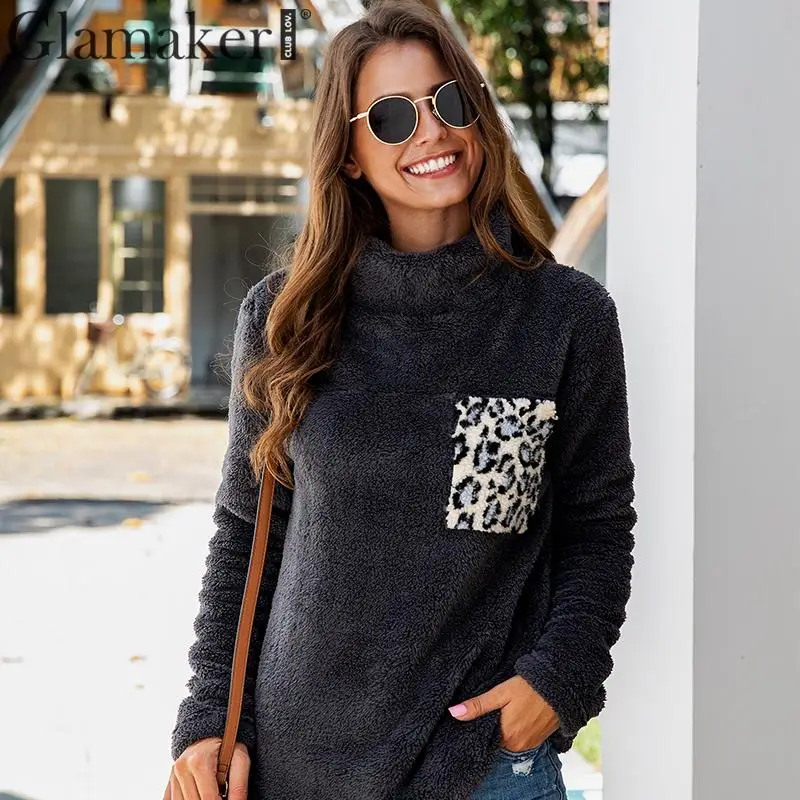 Glamaker Knitted solid color pullover Women long sleeve turtleneck pocket sweatshirt Female autumnwinter elegant warm sweatshirt - Color: Dark grey