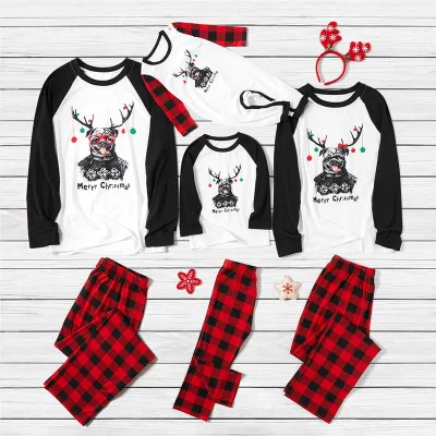 Family Parent-child Costume Cute Christmas Dog Print Top and Elastic Plaid Trousers Two Piece Set Matching Tracksuit | Женская одежда