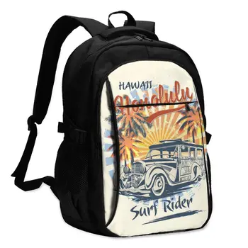 

Backpack USB Charge Women Honolulu Sun Beach And Retro Woody Car Student Backpack Letters Print School Bag Teenager