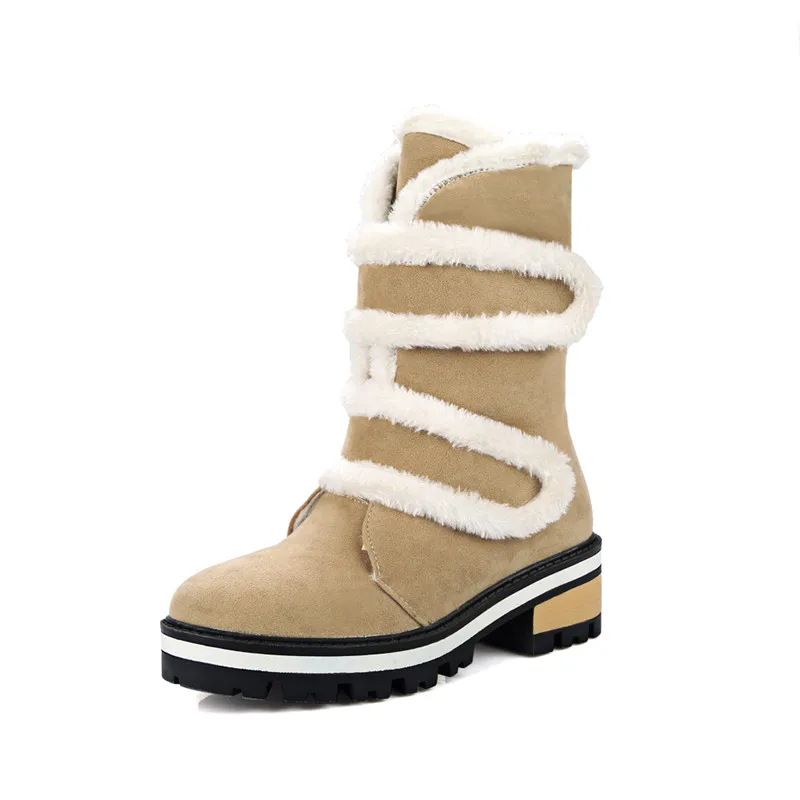 Beige MORAZORA/; модные зимние женские ботинки; обувь на платформе с круглым носком на среднем каблуке; удобные теплые ботильоны; большие размеры 34-43 - Color: Beige