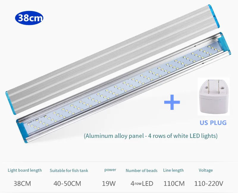38CM US Plug Супер тонкий аквариум светодиодный освещение водное растение лампа высокое качество белый и синий светодиодный s освещение для аквариума по стандартам ЕС/США Plug 18/28/38/48 см - Цвет: 38CM US Plug