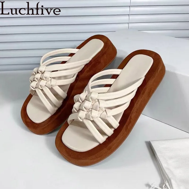 

Thick Bottom Platform Slipper Women Silver Black Fashion Narrowband braid Flip Flops Rome Sandals Summer Beach Flat Mules Woman