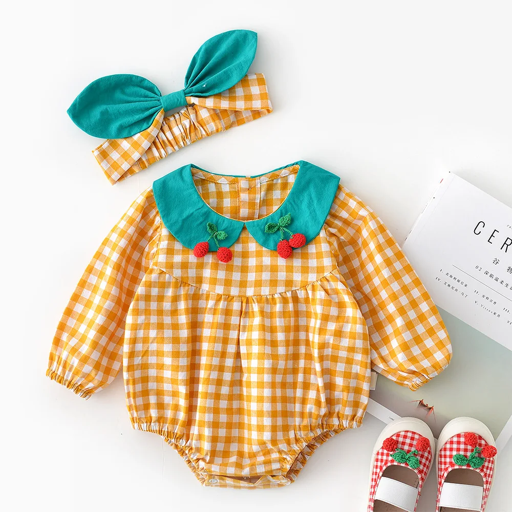 Autumn Infants Little Children Climbing Clothes Newborn Baby Plaid Doll Collar Cherry Cotton Jumpsuit with Bow Knot Headband Top - Цвет: yellow