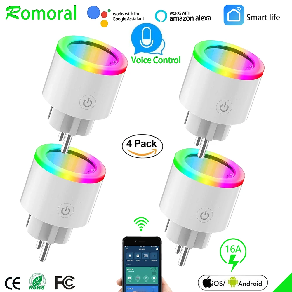 

16A EU RGB wifi Smart Plug with Power Monitor, wifi wireless Smart Socket Outlet with Google Home Alexa Voice Control