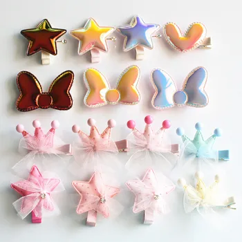

15pcs Bow Hair Shinning Princess Kids Hair Clip PU Leather Felt Kids Summer Lovely Hair Grip Stripe Gold Clip Barrettes