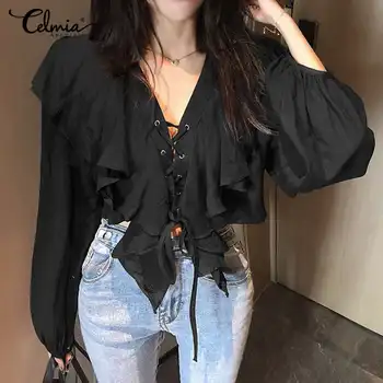 

2020 Celmia Fashion Solid Ruffles Blouses Women Casual Long Sleeve Loose Shirt Ladies Elegant OL Tops Plus Size Lace-Up Blusas 7