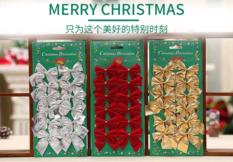 12pcs Pretty Gold Bowknots Christmas Ornament Tree Decoration Party Bowknots Baubles New Year Noel Christmas Decoration for Home