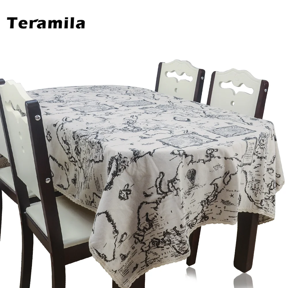 

Teramila Map Pattern Rectangular Tablecloth Thick Cover Linen With Lace Dining Table Cloth For Wedding Party Mantel Home Decor