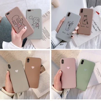 

TPU Phone Case For iPhone XR XS Max 7 8 6 6S Plus SE 2020 Heart Pattern Cartoon Milk Tea Cover For iPhone 11 Pro Shell Fundas