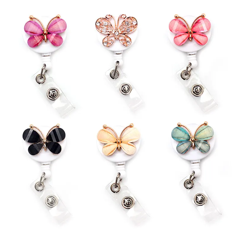 Enfermera-carrete de insignia retráctil con diseño de mariposa de cristal, accesorio creativo de 60cm, para estudiantes, enfermeras, Doctor, exhibición de Tarjeta De Nombre
