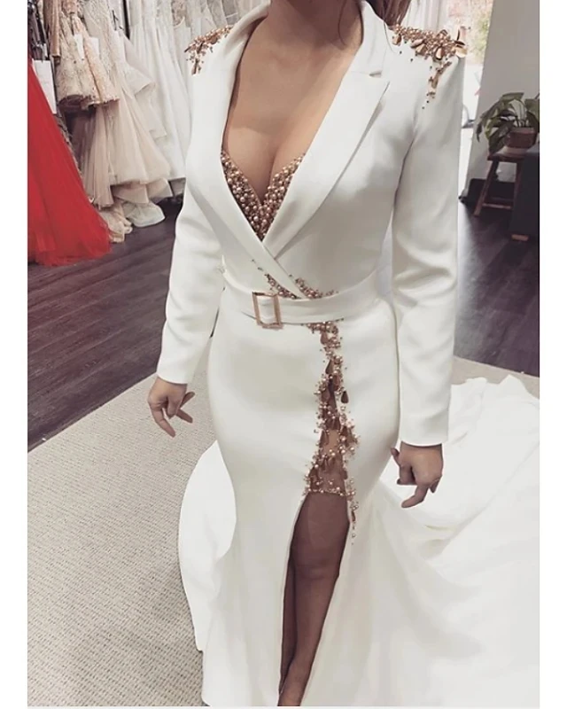 

Moroccan Caftan Muslim Evening Dresses 2020 White Crystal Pearl Formal Gown Arabic Dubai Split Mermaid Prom Dress robe de soiree