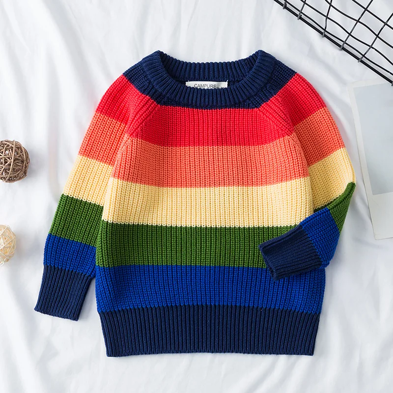 Осенне-зимний детский вязанный свитер, пуловеры в радужную полоску, топы, детские костюмы, Свитера для маленьких мальчиков и девочек - Цвет: Синий
