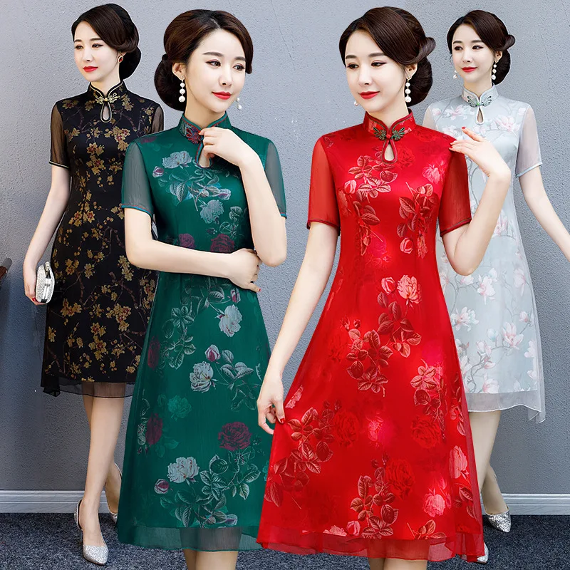 Улучшенные Qipao весна лето Ретро женские длинные шелковые Повседневные платья Чонсам выдалбливают 3XL 4XL красный