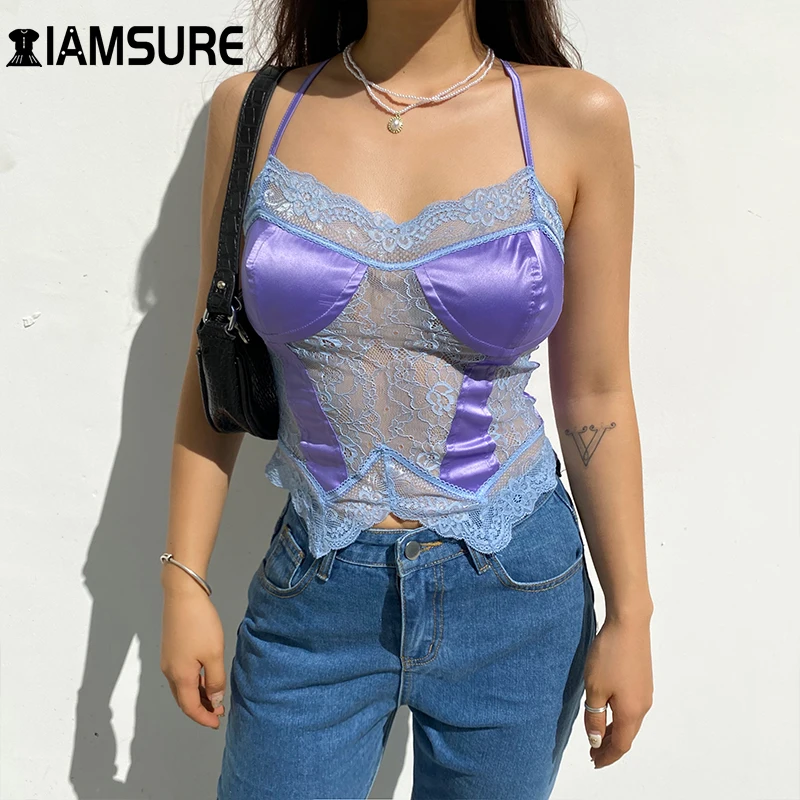 

IAMSURE Patchwork Lace Trim Camisoles For Women 2020 Elegant Hollow Out Crop Top Deep V Neck Tank Topsy2K Aesthetic Streetwear