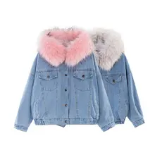 2021 Big Faux Fur Collar Denim Jacket Student Basic Short Parkas Female Bomber Coat Women Winter Hooded Warm Jean Jacket