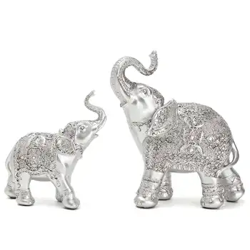 

Fashion 2pcs/set Silver Polyresin Ornate Elephant Statue Lucky Figurine Sculptures Ornaments for Home Animal Metal Europe