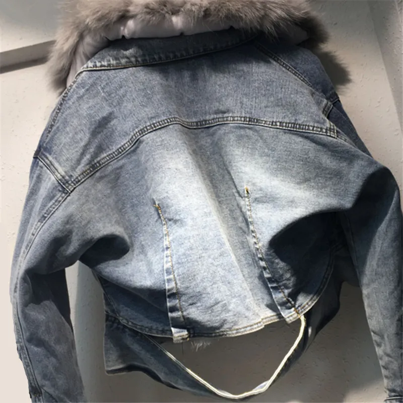 DEAT new winter fur collar single breasted light blue denim jacket thickness warm waist coat bike wearing WJ98905L