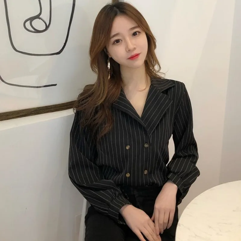 Heydress Весенняя Корейская двубортная блузка женская белая рубашка с принтом в полоску Женская винтажная блуза Mujer De Moda
