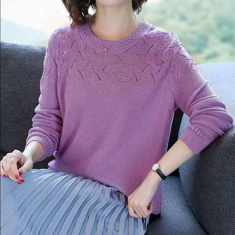 Dingaozlz элегантные женские вязаные свитера с круглым вырезом и длинными рукавами, Повседневный пуловер-рубашка, однотонные женские топы - Цвет: purple
