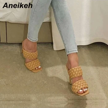 

Aneikeh 2020 PU Leather Braided High Heel Slippers Women Party Shoes Woman Cross Wove Folds Mules Sexy Thin Heel Slippers 41 42