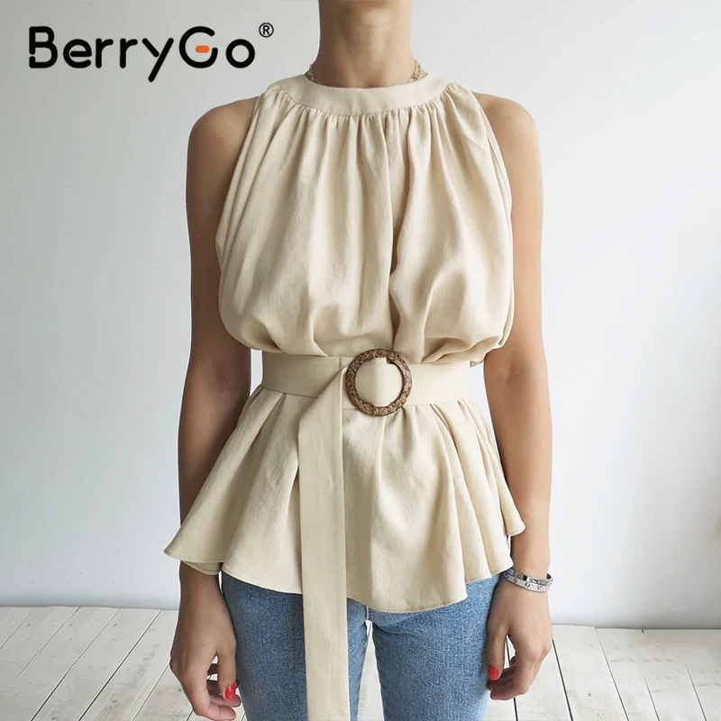 BerryGo, Женская майка без рукавов, майка, рубашка, повседневная, с рюшами, с высоким поясом, сексуальный топ, женская одежда для работы, для офиса, женские топы, майки