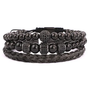 3PC/SET Luxury CZ Pave Ball Tube Black Stainless Steel Beads Macrame Men Bracelet Bangle Set