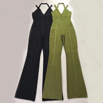 

LEGER BABE Autumn New Halter Backless Women Bandage Jumpsuits Black Army Green Sexy Sleeveless Long Rayon Party Bandage Rompers
