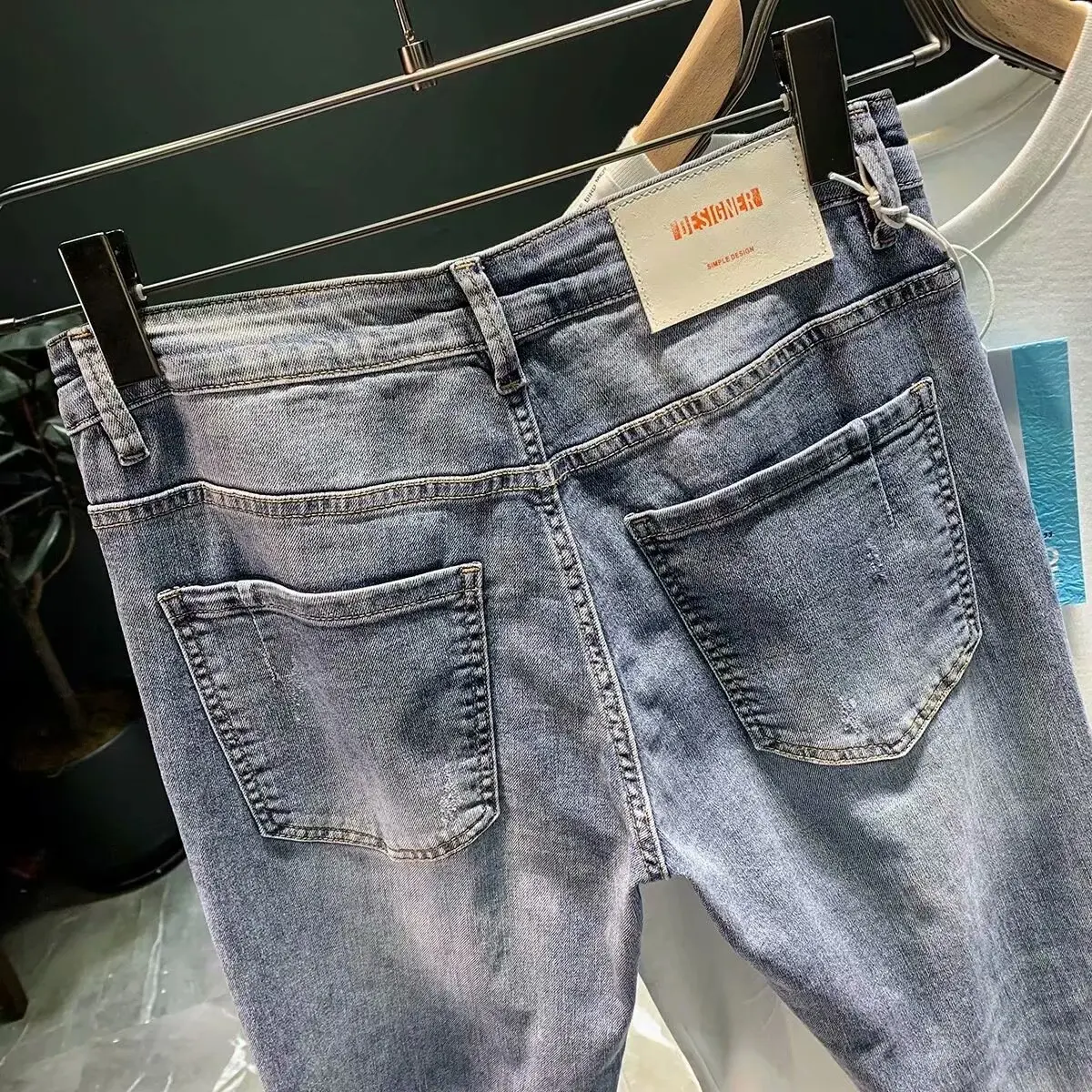 Ripped Denim jeans men's trendy brand loose summer thin elastic feet pants men's Korean harem teenagers cropped pants