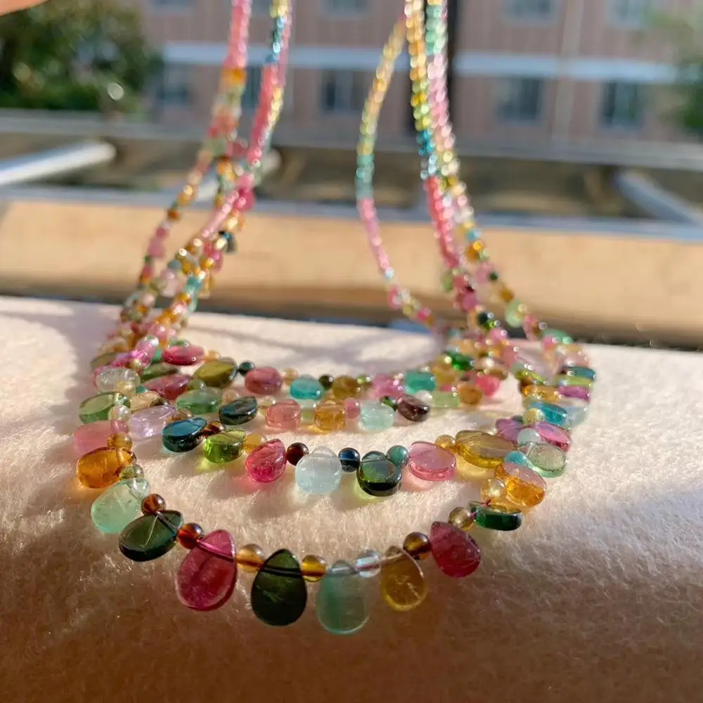 

Genuine Natural Colorful Tourmaline Quartz Gemstone 3mm Natural Stone Crystal Rope Chain Long Necklaces Women Female AAAAA