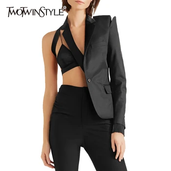 

TWOTWINSTYLE Elegant Patchwork Irregular Women's Blazer Notched Long Sleeve Hollow Out Sexy Suits Female 2020 Clothes Summer New
