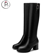 Кожаные непромокаемые сапоги черного цвета женские зимние сапоги до колена женские классические кожаные высокие сапоги на квадратном каблуке# ZC